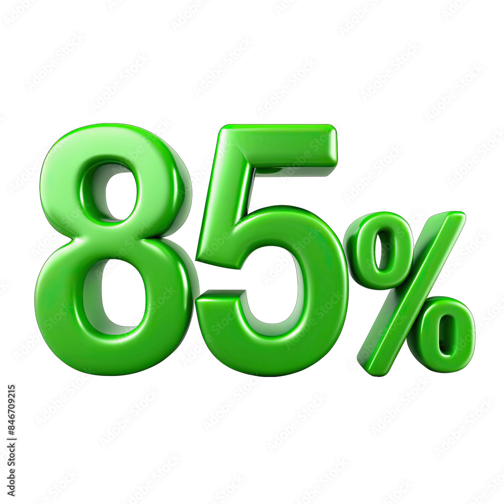 Poster a 3d rendering of the number eighty-five with a percent sign, rendered in green and isolated on a wh