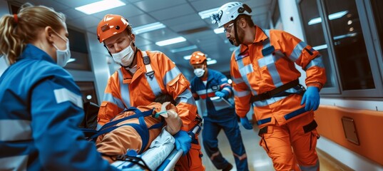 Urgent medical response  paramedics speeding patient through hospital emergency room corridors