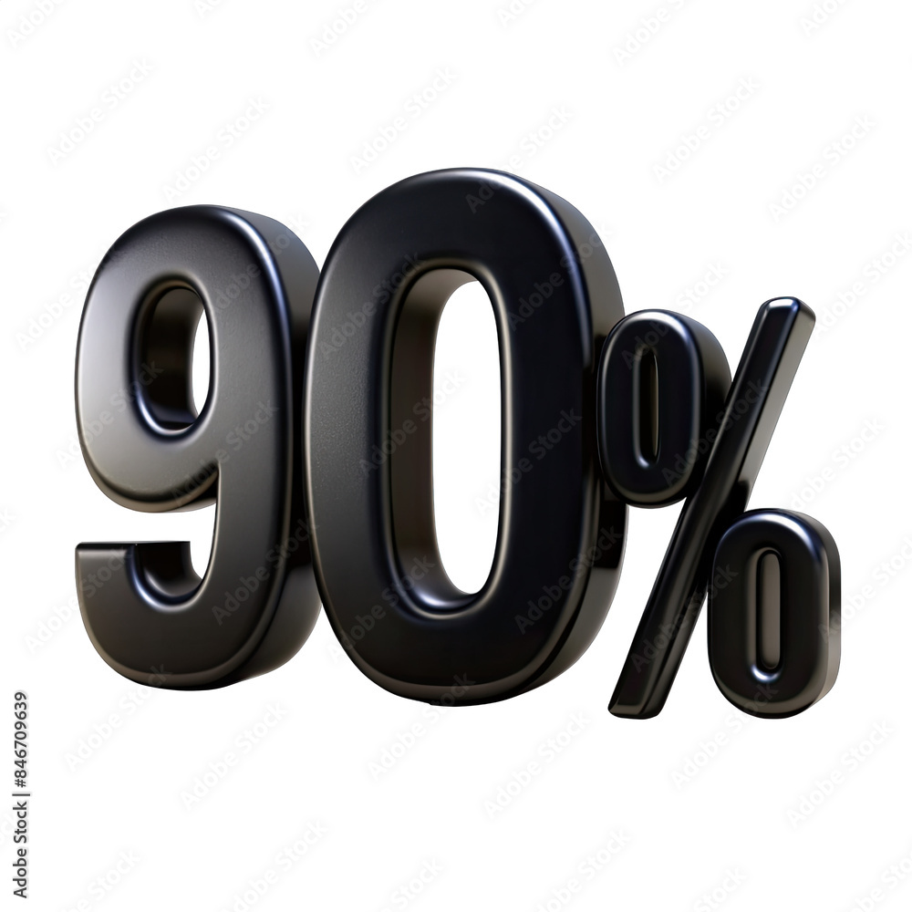Poster a 3d rendering of the number ninety, followed by a percent sign, rendered in black and isolated on a