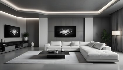 High end modern living room with white leather couch and a large flat screen tv mounted on the wall, brutalist architecture mixed with modern futuristic minimal design
