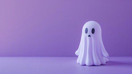 Minimalistic image of a cute ghost figurine on a purple background. Ideal for Halloween concepts, decorations, and spooky-themed designs. Copy paste.
