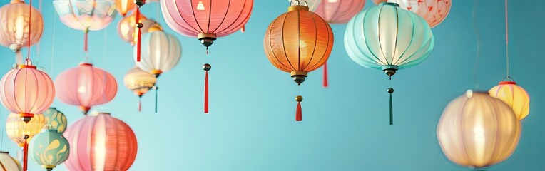 Obraz premium Colorful Eid Lanterns Floating on Pastel Sky