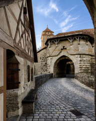 Amazing view of the medieval city wall in the old town of german fairytale Rothenburg ob der Tauber