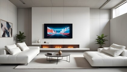 High end modern living room with white leather couch and a large flat screen tv mounted on the wall, brutalist architecture mixed with modern futuristic minimal design