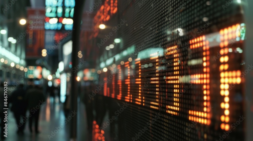 Fototapete Close-up of a stock ticker board displaying live prices and changes for various stocks, in real-time.