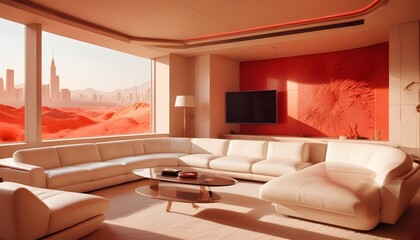 High end modern living room with white leather couch and a large flat screen tv mounted on the wall, brutalist architecture mixed with modern futuristic minimal design