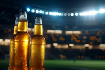 Chilled beer bottles at a sports event with stadium lights backdrop