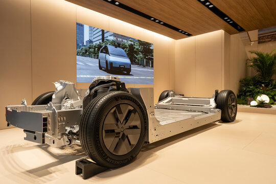 Beijing, China - Apr 30, 2024: Li MEGA electric MPV chassis is displayed at the 17th Beijing International Automotive Exhibition (Auto China 2024). Li Auto is a Chinese electric vehicle manufacturer.