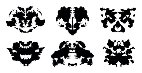 Rorschach inkblot test black silhouettes set. Symmetrical ink stain, psychology tests silhouettes © DesignToonsy