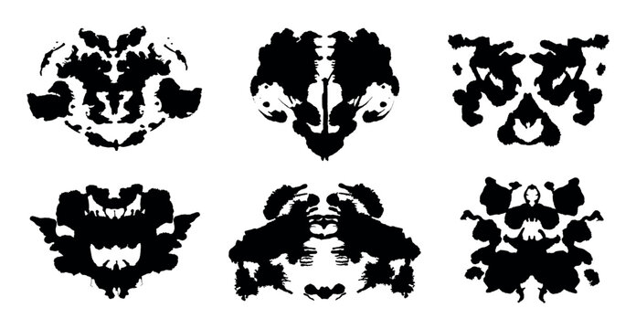 Rorschach inkblot test black silhouettes set. Symmetrical ink stain, psychology tests silhouettes