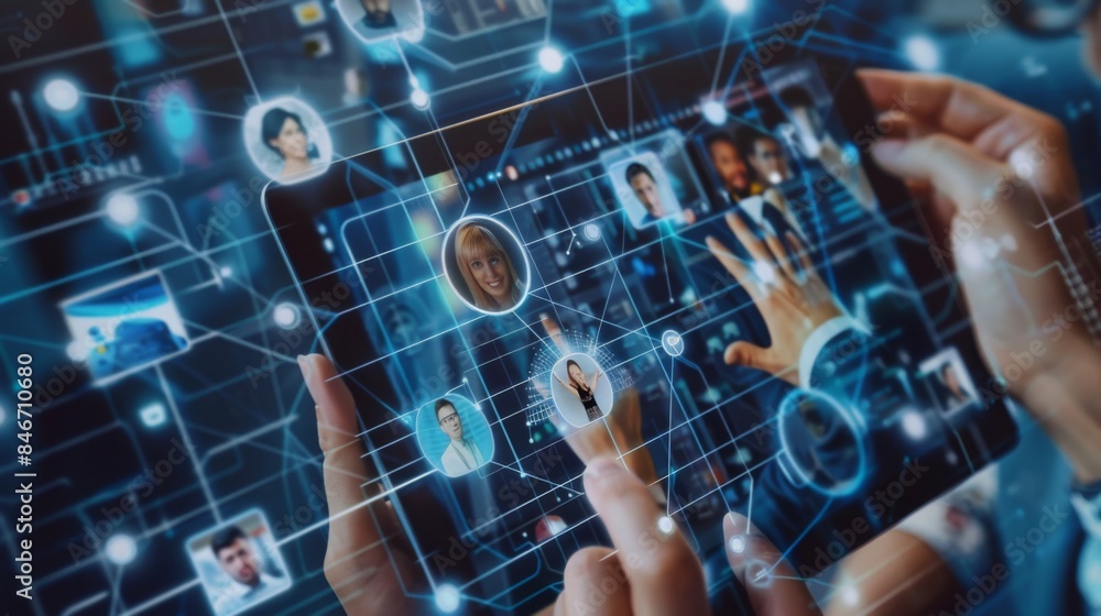 Poster close-up of hands holding a digital tablet with a global video call in progress, connecting people f