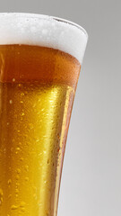 Close-up of pint glass filled with golden, craft beer topped with frothy foam against grey studio background. Concept of food and drink, celebration, Oktoberfest, beverage industry. Ad