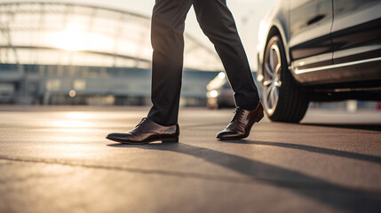 A man's feet step out of a car in a close-up shot.


