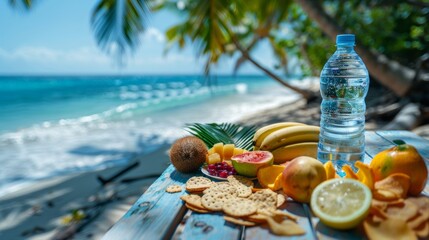 A table with a bottle of water and fruit on the beach, AI