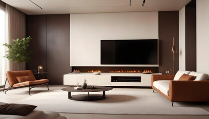 High end modern living room with white leather couch and a large flat screen tv mounted on the wall, brutalist architecture mixed with modern futuristic minimal design