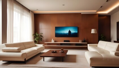High end modern living room with white leather couch and a large flat screen tv mounted on the wall, brutalist architecture mixed with modern futuristic minimal design