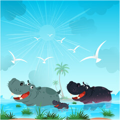 A Hippopotamus Swimming on the Wild animals of Africa. Vector Landscape