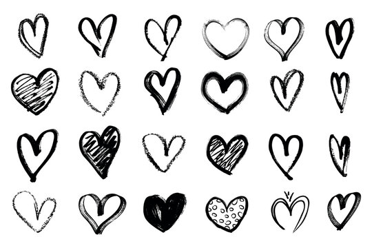 Grunge hearts icons. scribble ink grunge heart shapes icons drawn with markers and crayons set