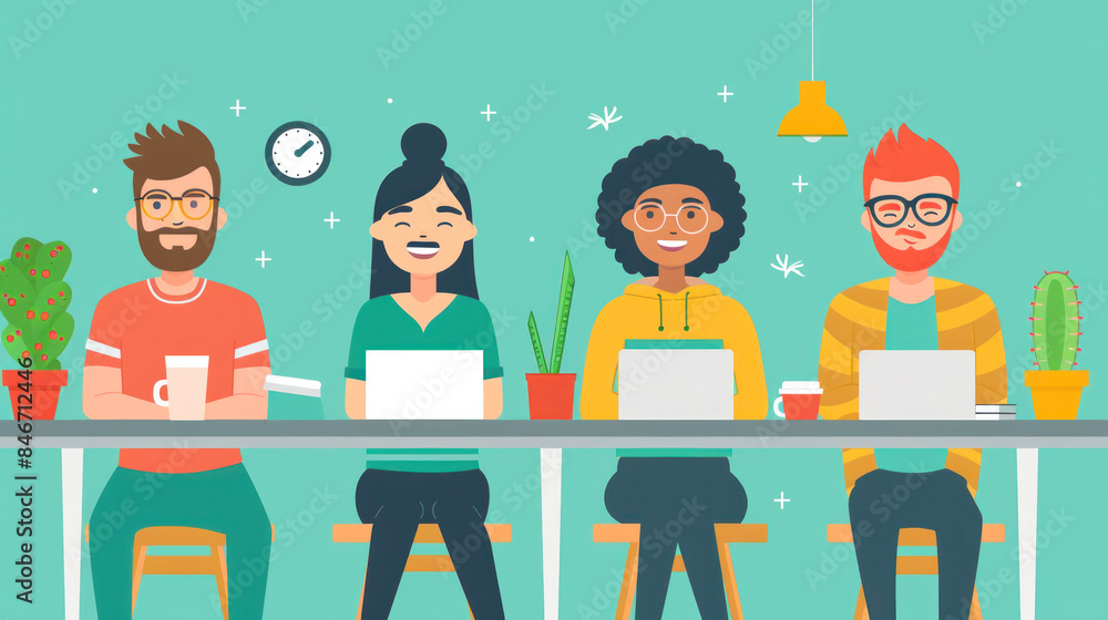 Poster a group of people are sitting at a table with laptops and a clock in the background. scene is that o