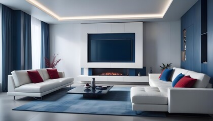 High end modern living room with white leather couch and a large flat screen tv mounted on the wall, brutalist architecture mixed with modern futuristic minimal design