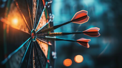 a powerful image of darts striking the bullseye, symbolizing the accuracy and determination of goal setting and success meditation, with a dynamic and energetic composition