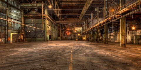 Fototapeta premium Abandoned industrial night scene, capturing the desolate and mysterious atmosphere of the deserted factory. Away from the city, old, historical, nightlights, relieve stress, high definition wallpaper,