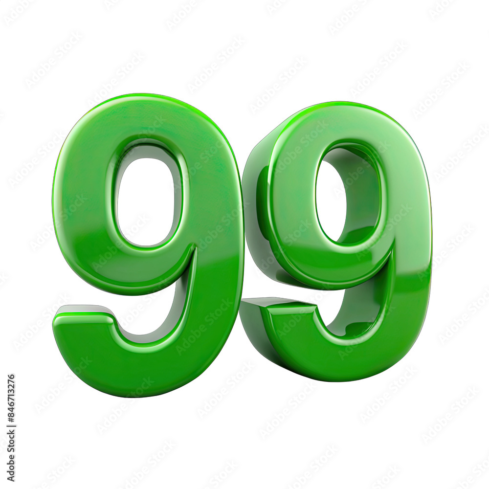 Poster a 3d rendering of the number ninety-nine in a bright green color, isolated against a clean white bac