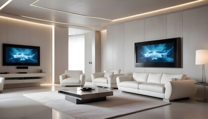 High end modern living room with white leather couch and a large flat screen tv mounted on the wall, brutalist architecture mixed with modern futuristic minimal design