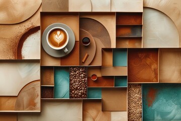 Looking down at the coffee on the desktop, splicing multiple images