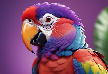 Create a professional, 4K Ultra HD image of a vibrant, multicolored parrot with a detailed red beak against a soft-focus purple background, embodying the essence of tropical wildlife.