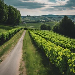 AI generated illustration of a vineyard with lush green grapevines and a dirt road