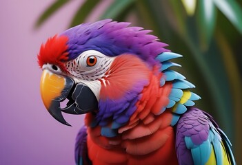 Obraz premium Create a professional, 4K Ultra HD image of a vibrant, multicolored parrot with a detailed red beak against a soft-focus purple background, embodying the essence of tropical wildlife.