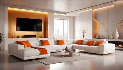 High end modern living room with white leather couch and a large flat screen tv mounted on the wall, brutalist architecture mixed with modern futuristic minimal design