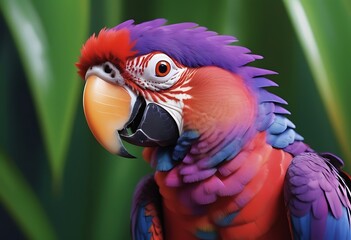 Fototapeta premium Create a professional, 4K Ultra HD image of a vibrant, multicolored parrot with a detailed red beak against a soft-focus purple background, embodying the essence of tropical wildlife.
