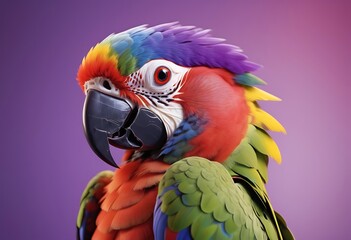 Obraz premium Create a professional, 4K Ultra HD image of a vibrant, multicolored parrot with a detailed red beak against a soft-focus purple background, embodying the essence of tropical wildlife.