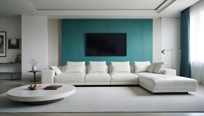 High end modern living room with white leather couch and a large flat screen tv mounted on the wall, brutalist architecture mixed with modern futuristic minimal design