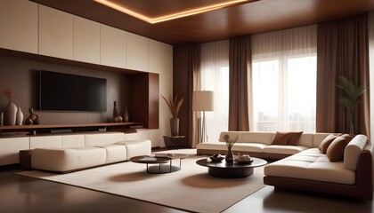 High end modern living room with white leather couch and a large flat screen tv mounted on the wall, brutalist architecture mixed with modern futuristic minimal design