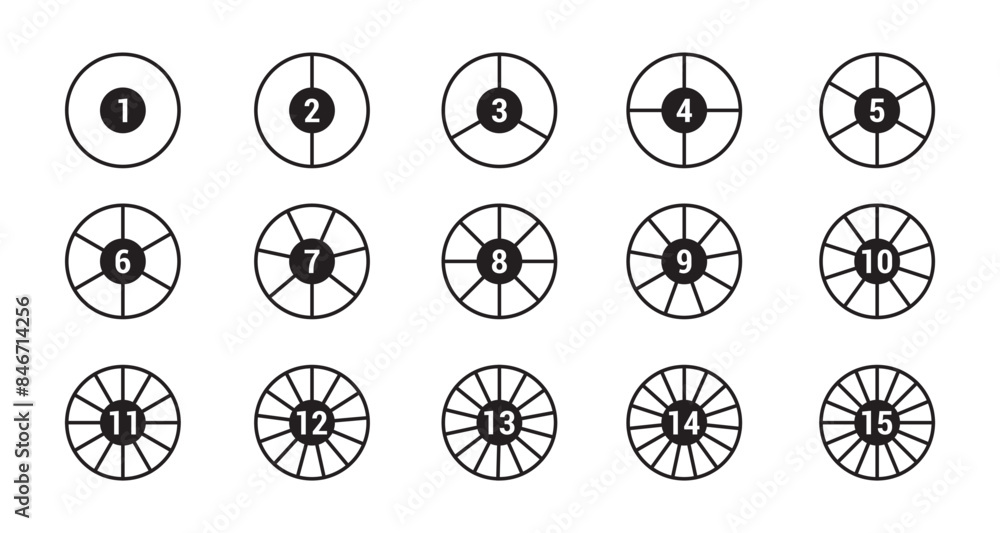 Poster set of pie chart vector icons. segments on circle with 1 to 15 piece. black round diagram. circles w