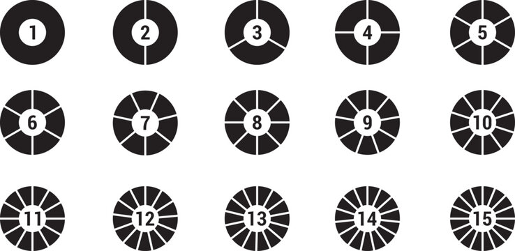 Segments on Divided circle set of 15 piece with no, Circles with sections set, black pie charts with divisions, diagram collection, Hollow circle divided in 15 parts