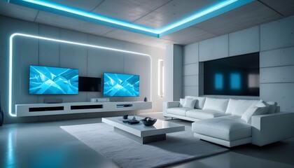 Fototapeta premium High end modern living room with white leather couch and a large flat screen tv mounted on the wall, brutalist architecture mixed with modern futuristic minimal design