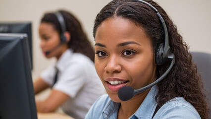 Black female call center operator talking to a customer via headset