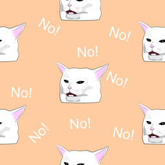 Pattern (endless picture) of a cat meme - woman yelling at cat. The illustration is made in pastel colours. The picture conveys a joke, humour, laughter, anger, scream.