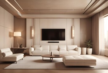 High end modern living room with white leather couch and a large flat screen tv mounted on the wall, brutalist architecture mixed with modern futuristic minimal design