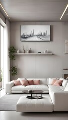High end modern living room with white leather couch and a large flat screen tv mounted on the wall, brutalist architecture mixed with modern futuristic minimal design
