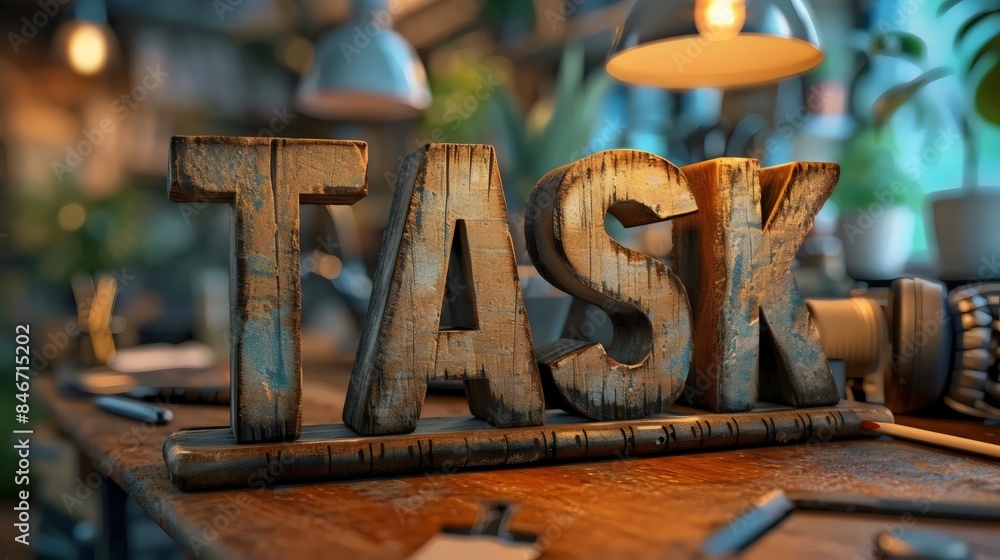 Fototapete the word task is written in a wooden font on a table