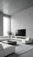 High end modern living room with white leather couch and a large flat screen tv mounted on the wall, brutalist architecture mixed with modern futuristic minimal design