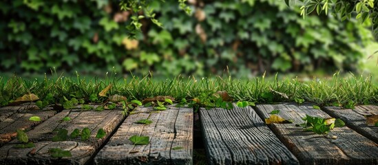 Old wooden plank, grass, and green leaves form a picturesque summer setting.