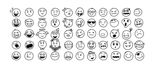 Round emoticons with doodle emotions, linear style. Vector illustration