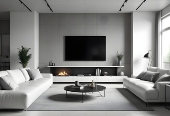 High end modern living room with white leather couch and a large flat screen tv mounted on the wall, brutalist architecture mixed with modern futuristic minimal design