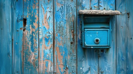 Blue letter box on wooden door